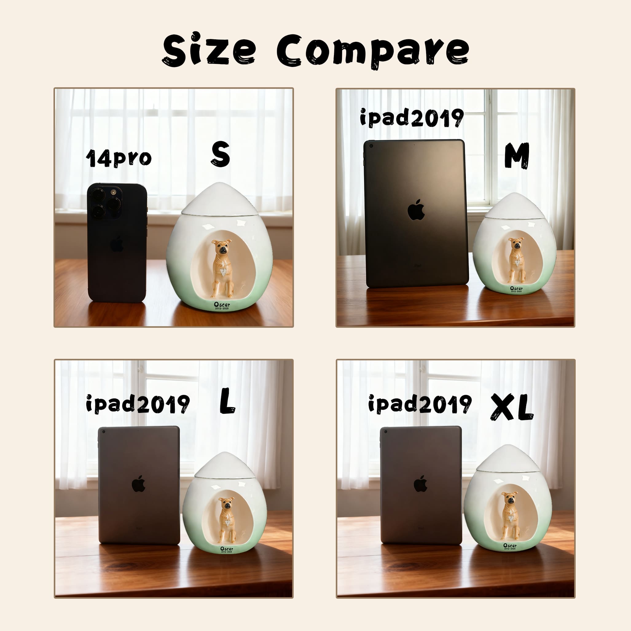 Dog memorial urn size comparison showing S, M, L and XL shapes