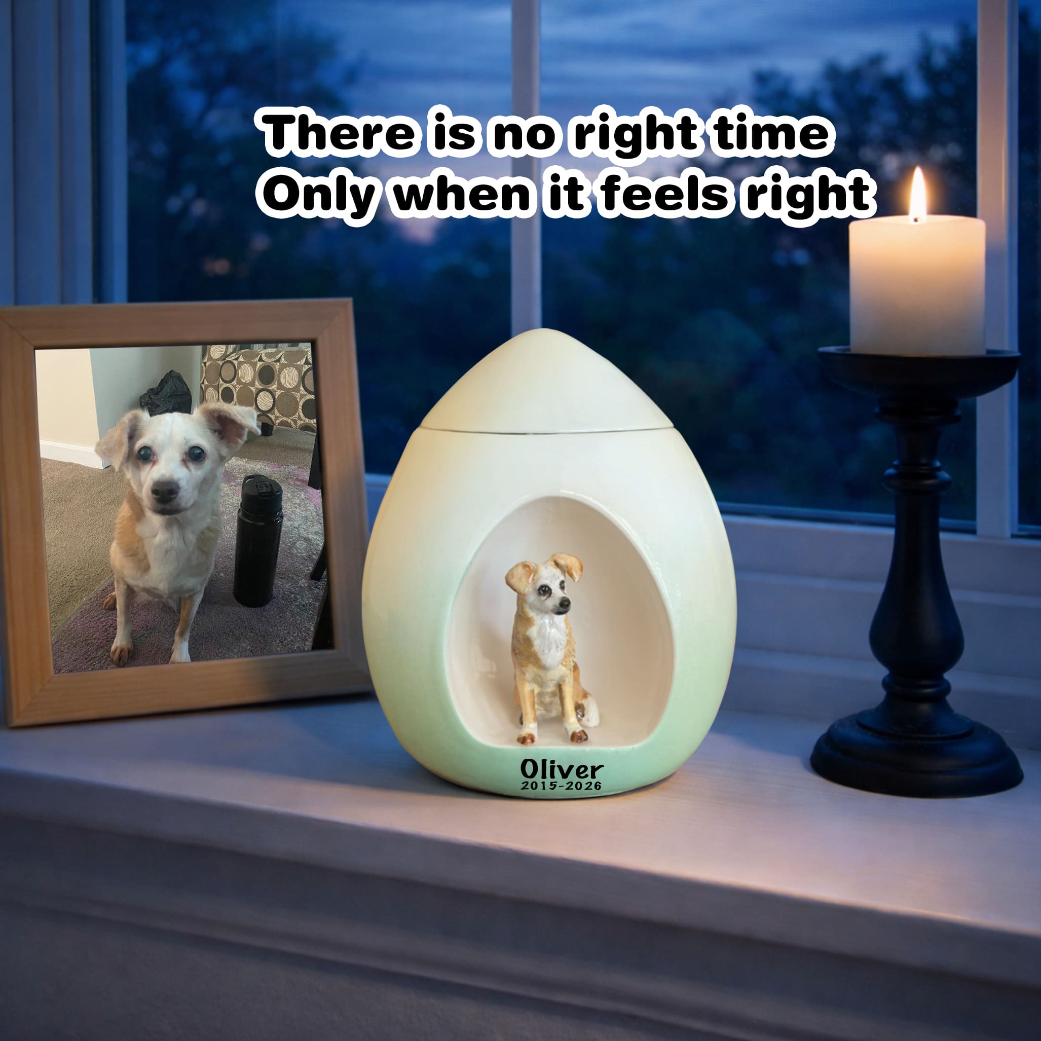 Light mint dog memorial urn with dog figurine and name at base