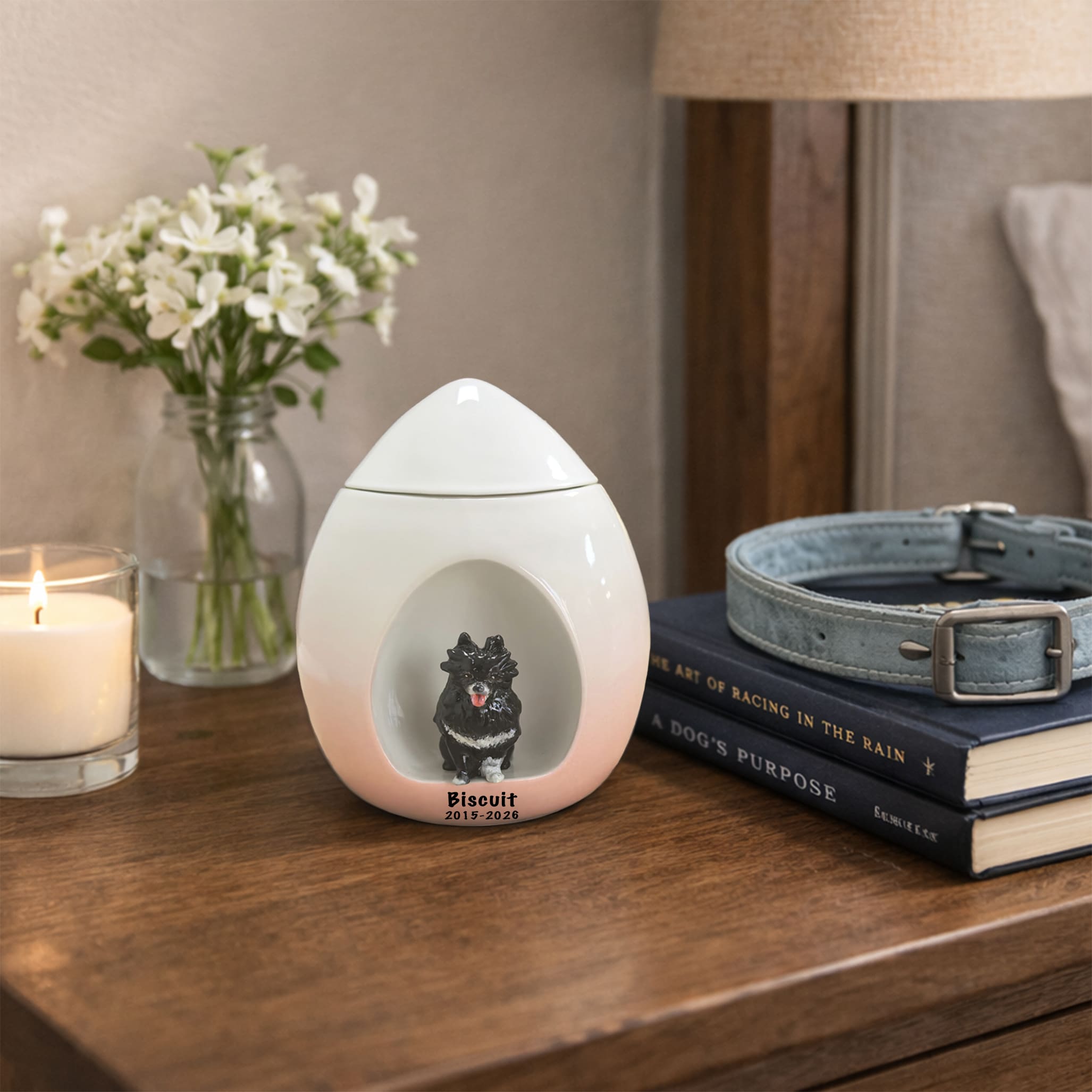 Teardrop Pet Urn – Custom Dog Urn with Personalized Portrait, Name & Date, Table Memorial Display