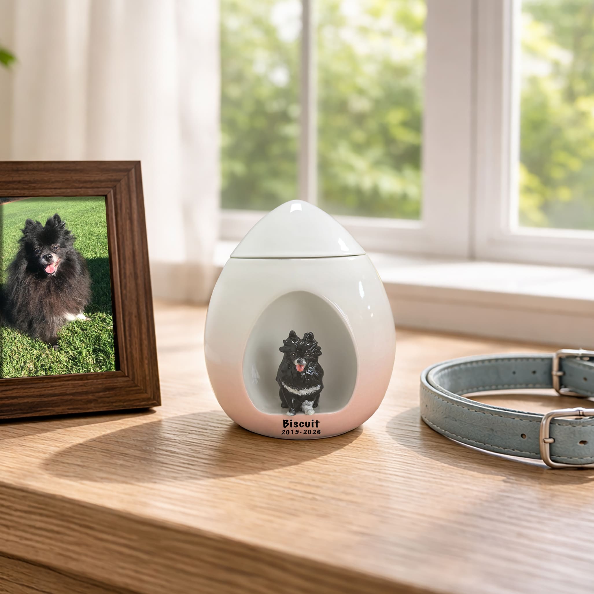 White ceramic dog urn with sculpted black figurine and engraved name detail