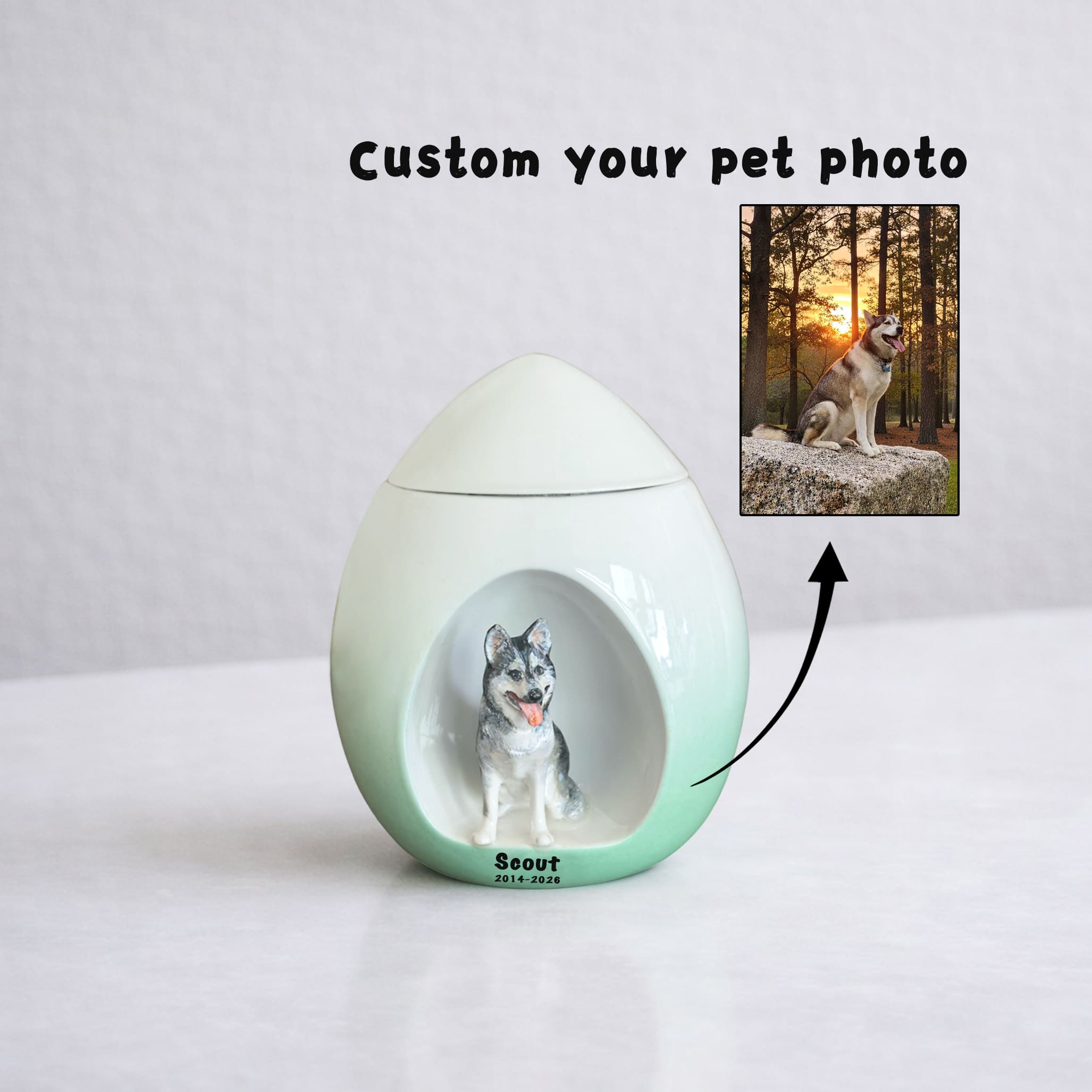 Custom Pet Urn for Ashes with Name & Sculpted Figurine-W04