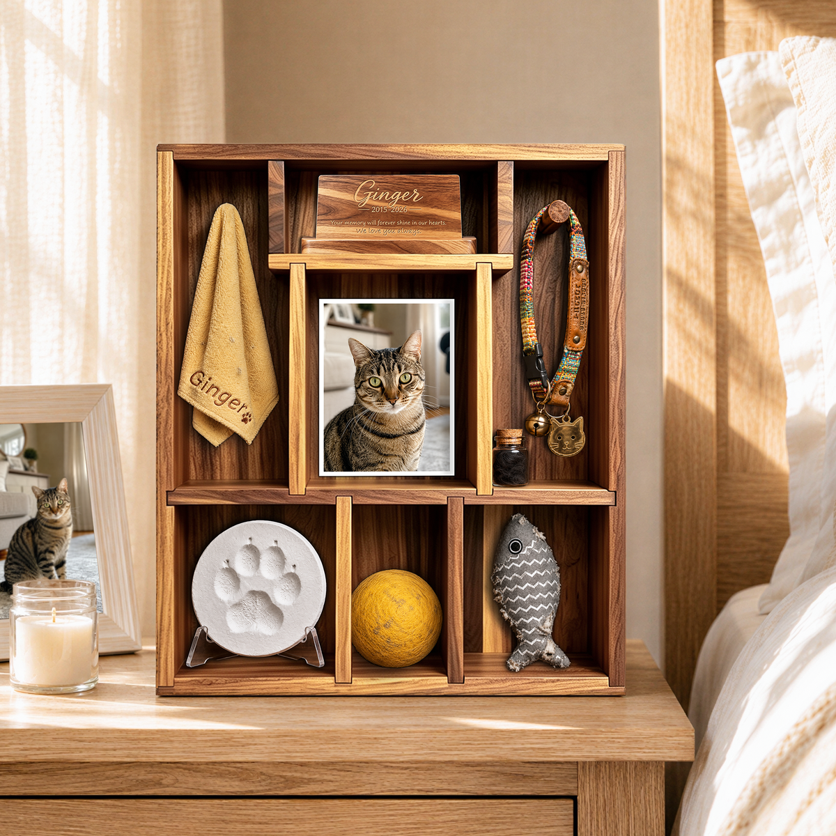 Cat memorial shadow box on bedroom nightstand, ginger cat photo, collar, paw print, toy keepsakes, scented candle decor