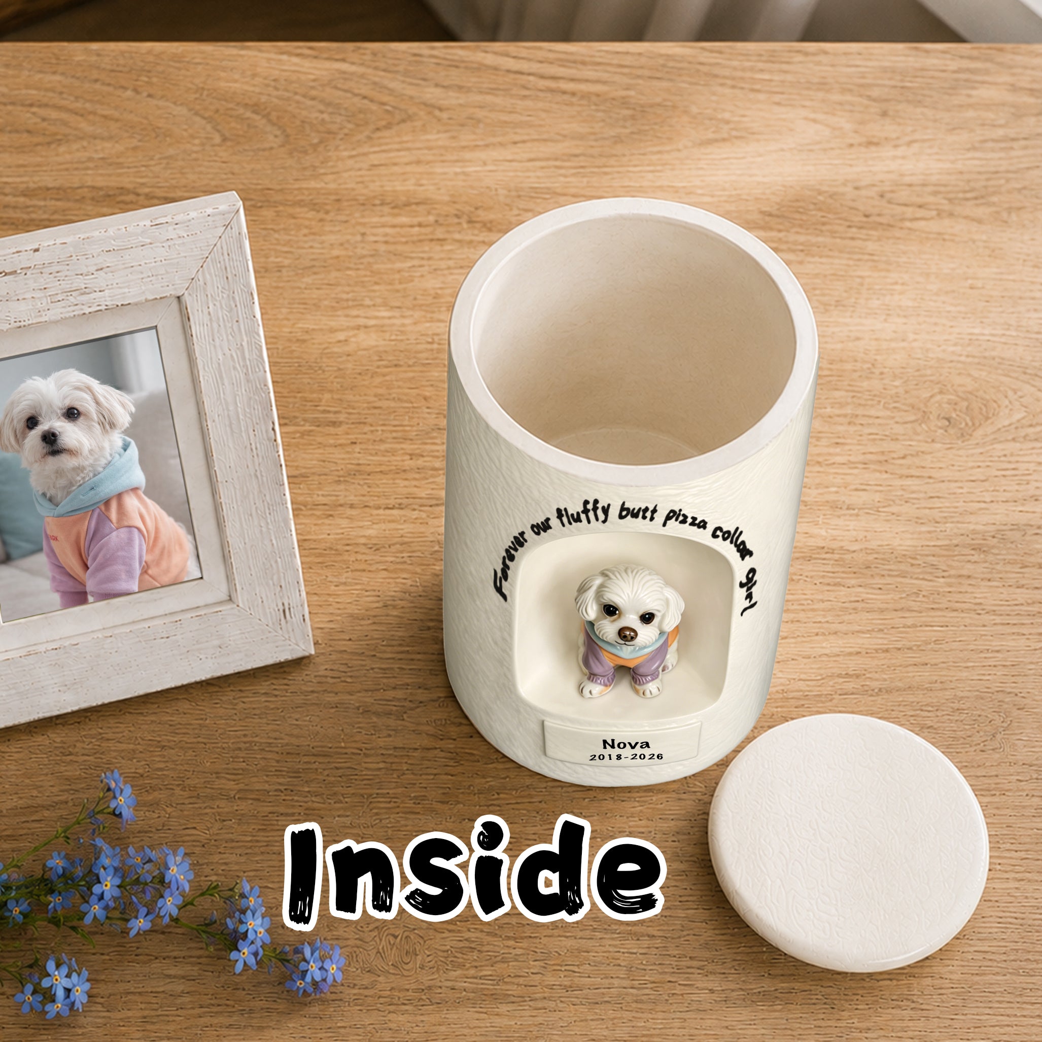 White ceramic dog memorial urn with open top and inner portrait, lid set aside
