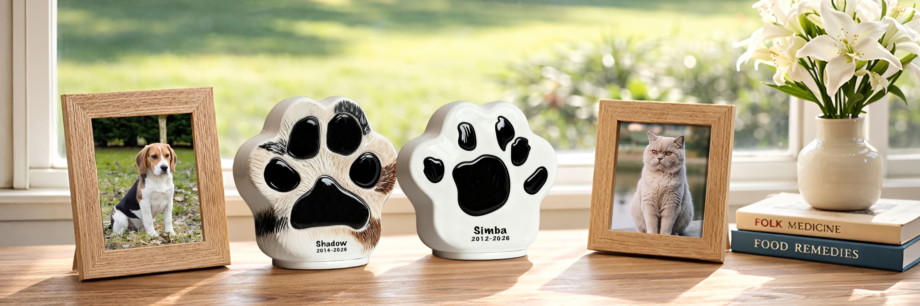 Paw Print Pet Urns Collection Banner (Desktop) – Custom Hand-Painted Ceramic Urns for Beagle Shadow and British Shorthair Simba