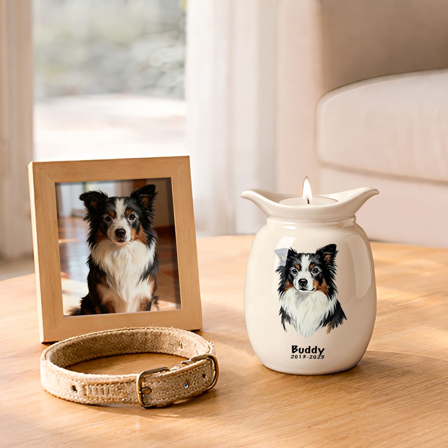 Signature Collection Banner – Ceramic Pet Urn with Custom Australian Shepherd Portrait for Buddy