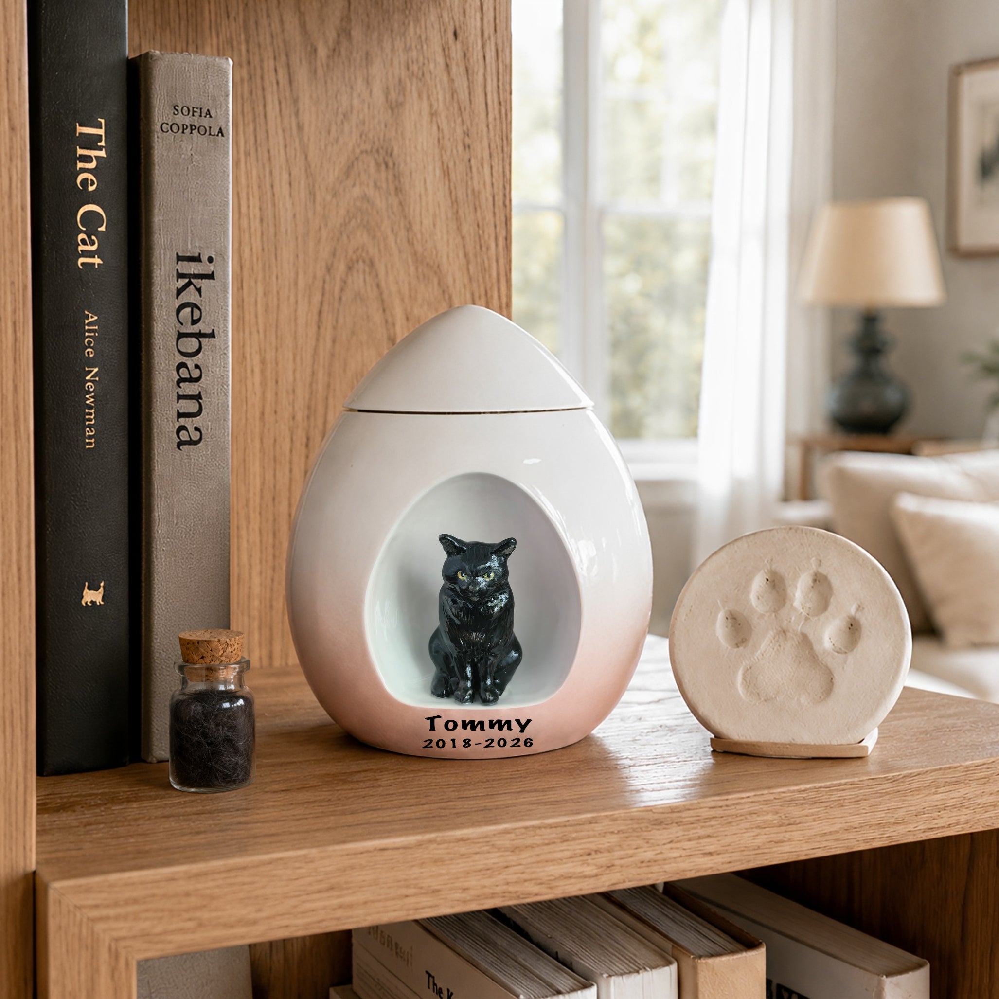 Personalized ceramic cat urn for ashes displayed on a bookshelf with a fur keepsake jar and paw print memorial