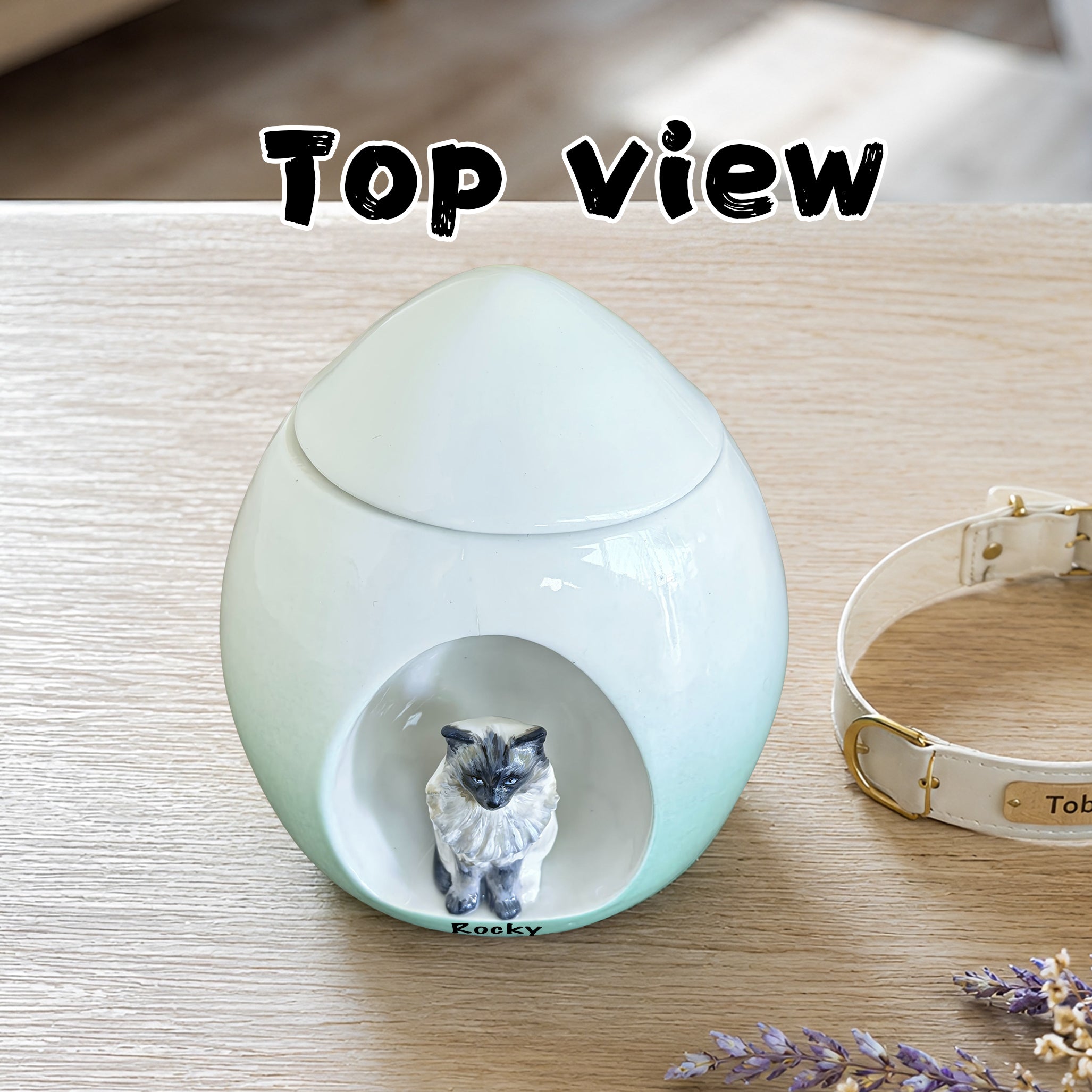 Top view of a custom ceramic cat urn for ashes with sculpted cat figurine and personalized name