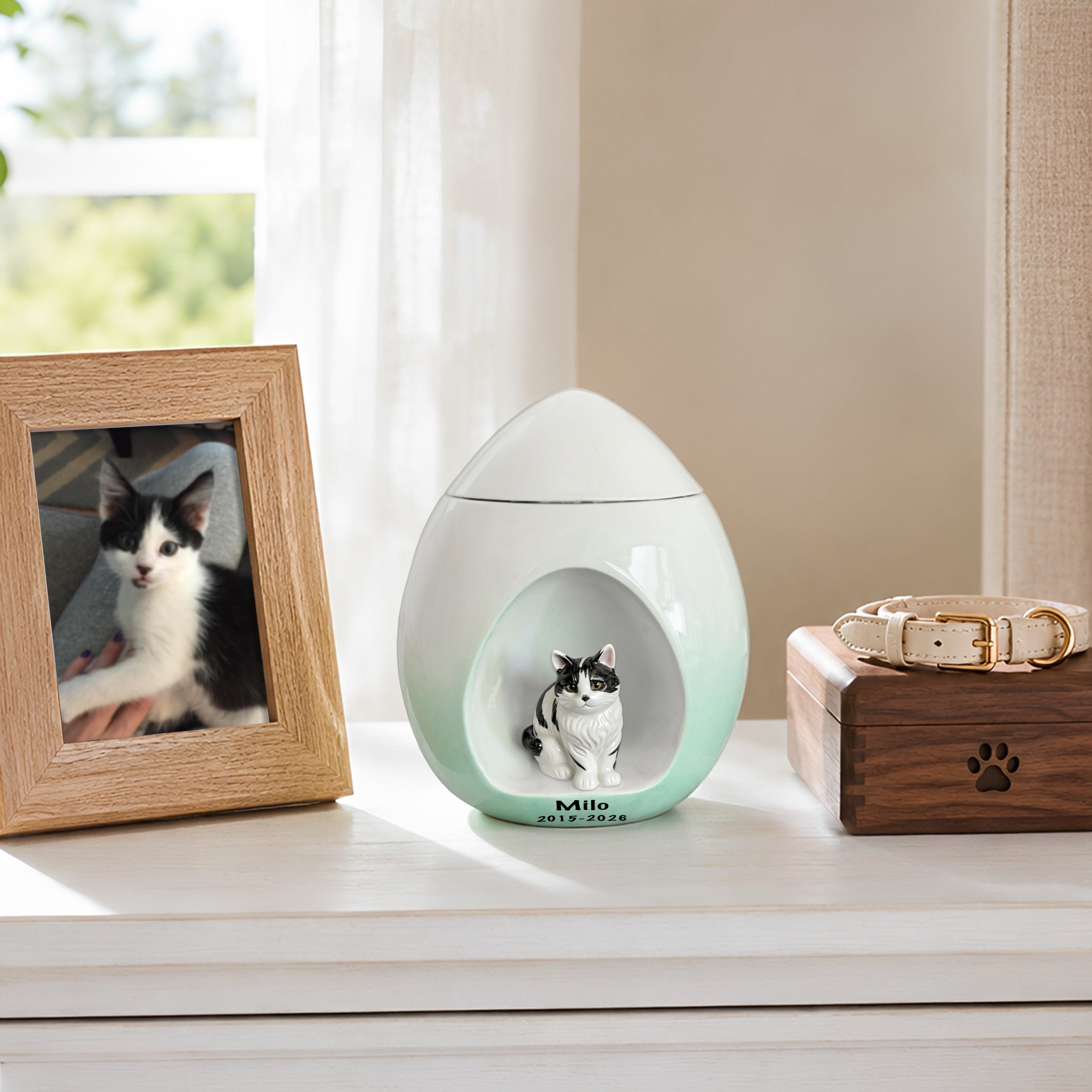 Custom cat urn for ashes displayed by a window with a framed cat photo, wooden keepsake box and collar