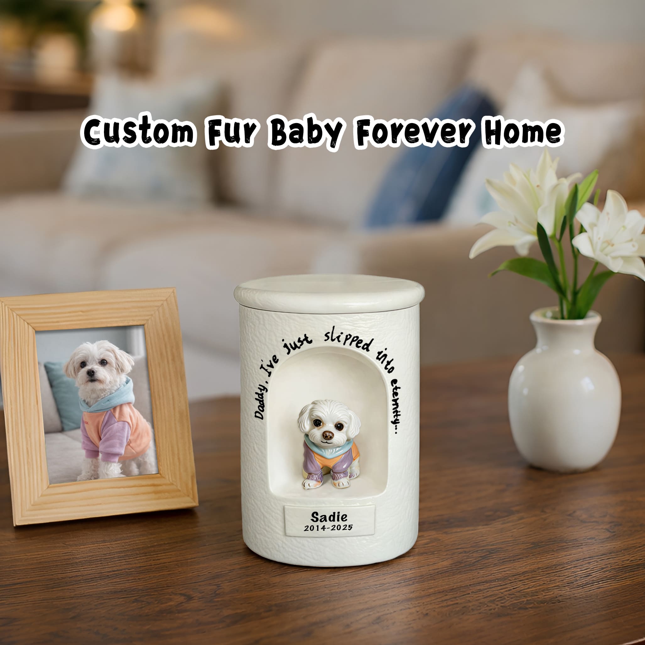 Custom hand sculpted ceramic dog pet urn displayed with dog photo frame on wooden table for pet memorial