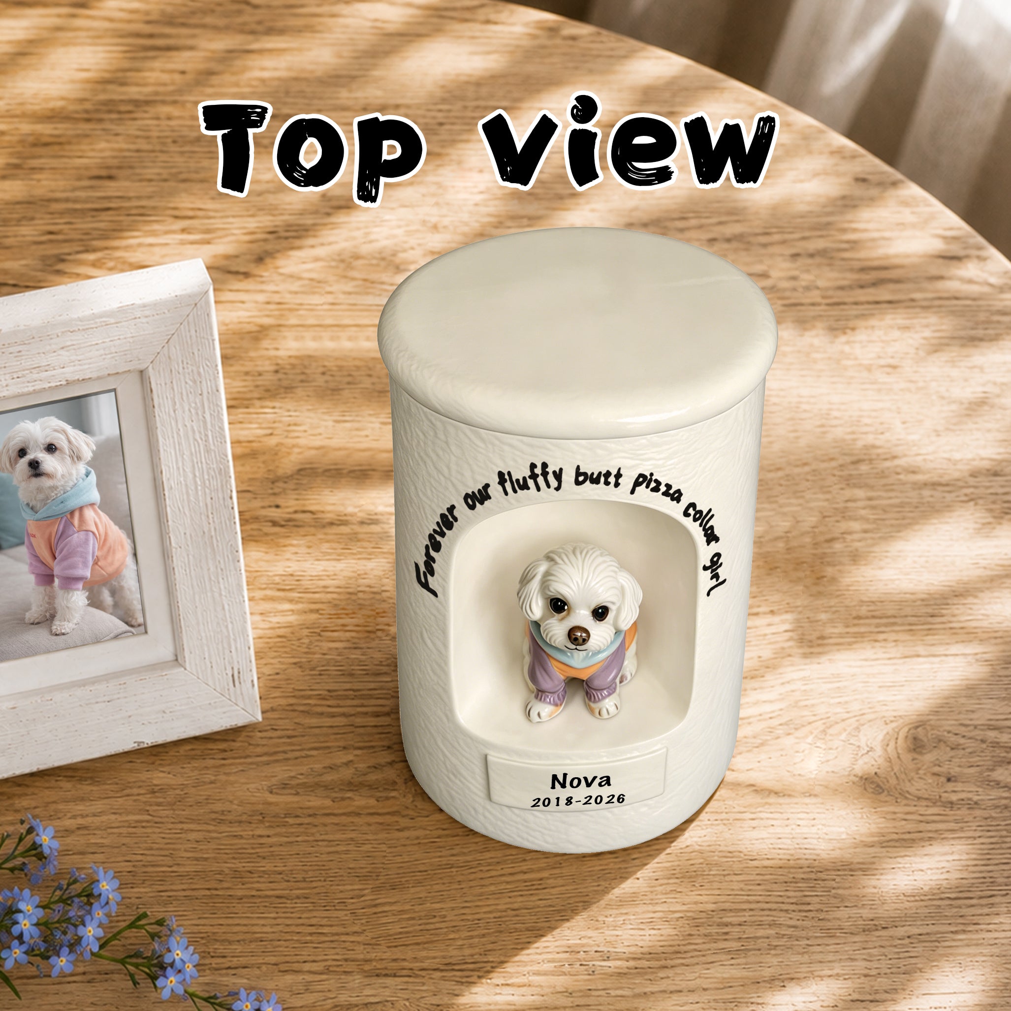 Large ceramic dog memorial urn with white lid and front portrait of a seated dog