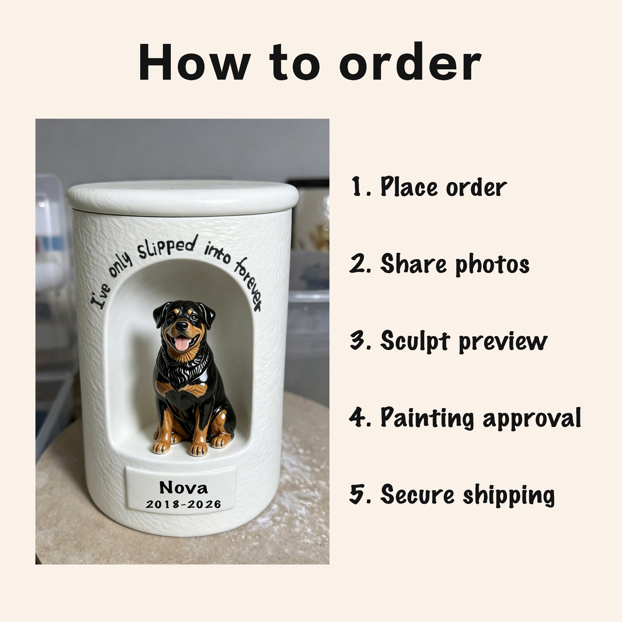 Large ceramic dog memorial urn with white lid and seated dog portrait on front