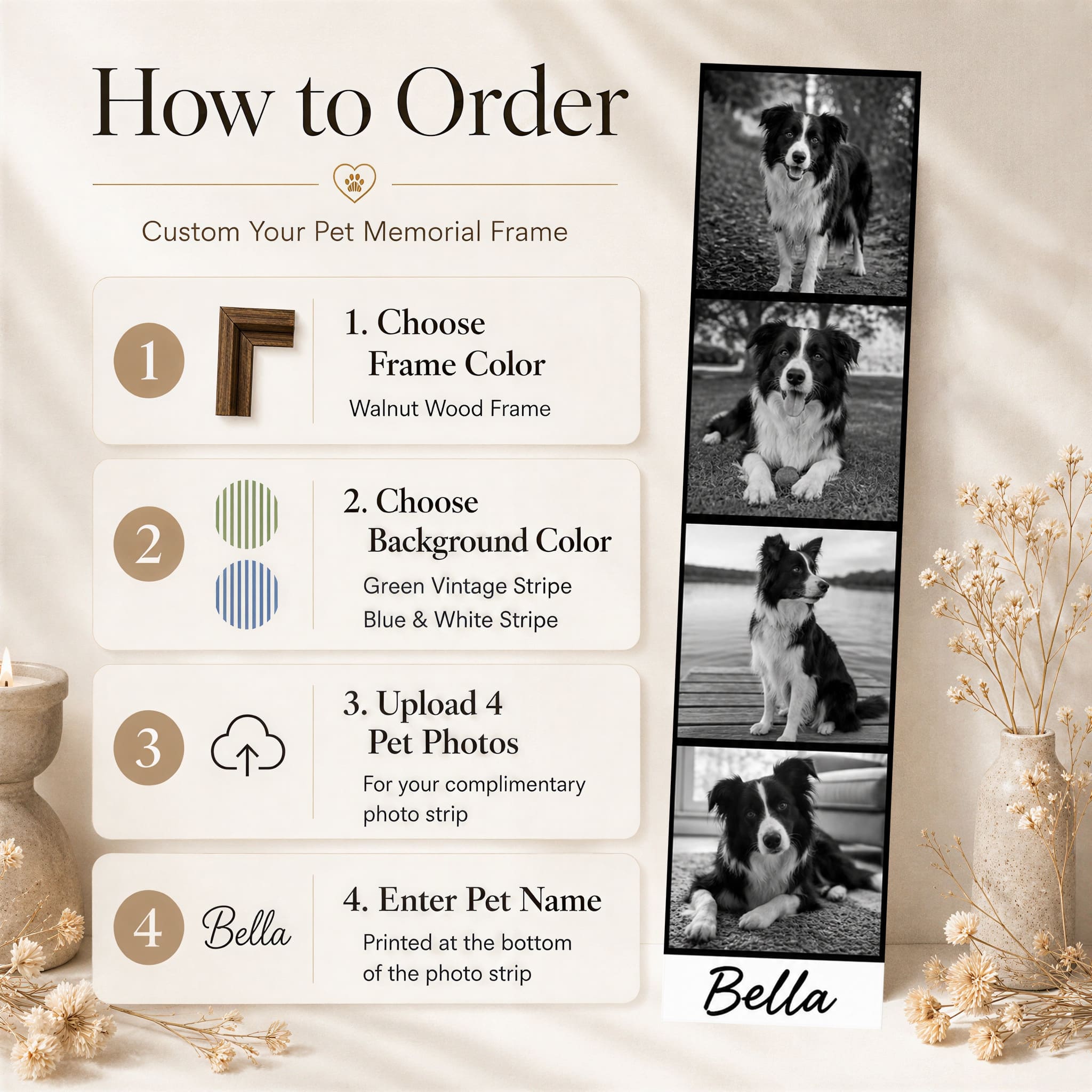 Dog Collar Memorial Frame for Photo Strip & Keepsake Display