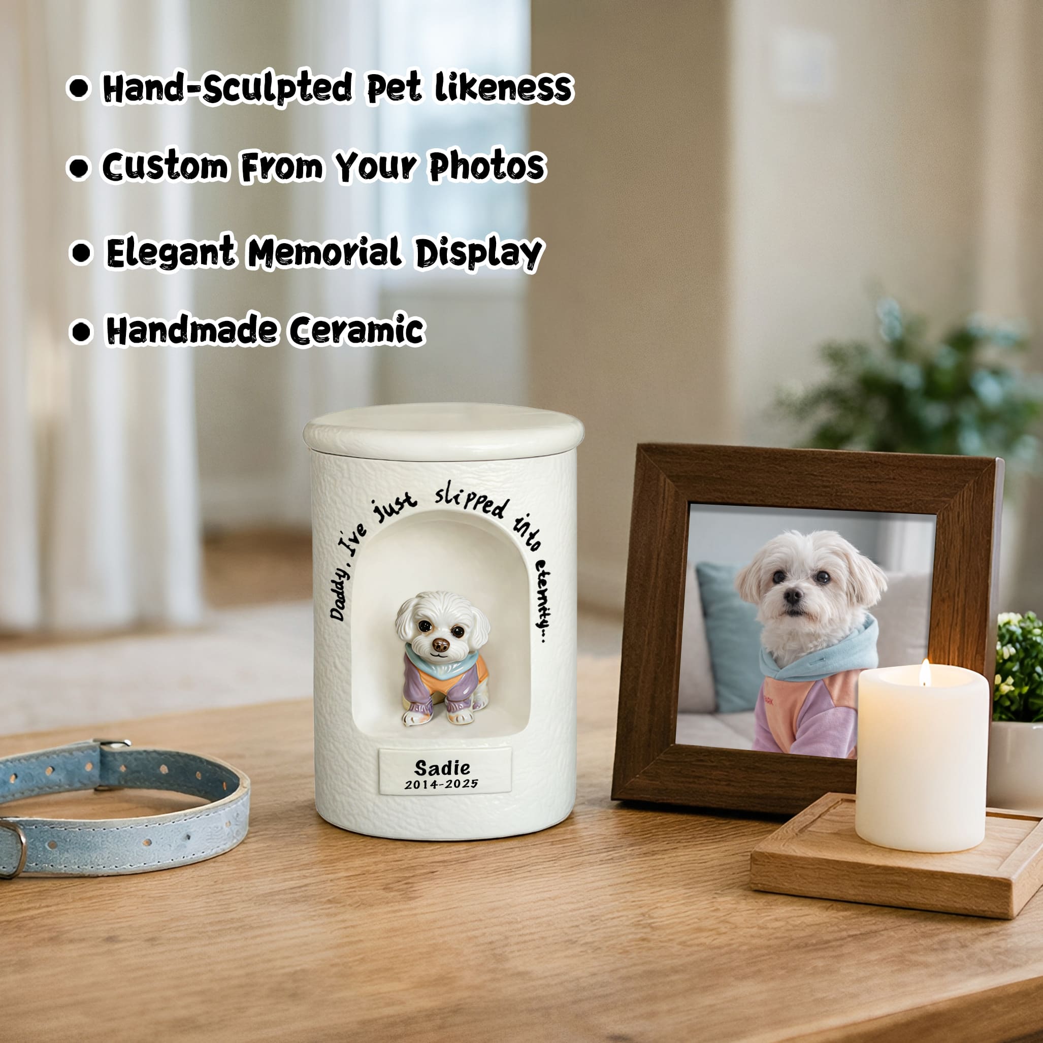 White ceramic dog urn with seated dog figurine relief and engraved name on front