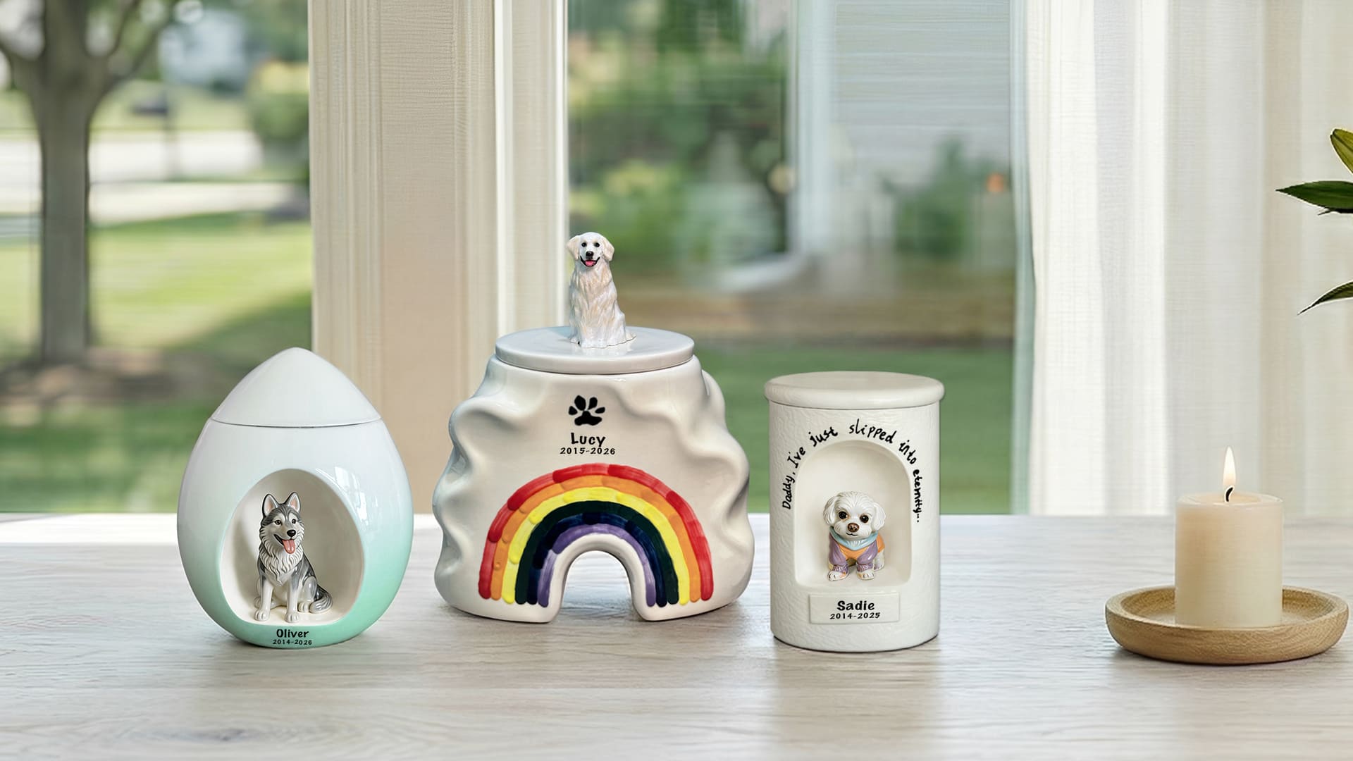 Custom pet urn guide featuring personalized ceramic dog and cat urns made from pet photos for a home memorial