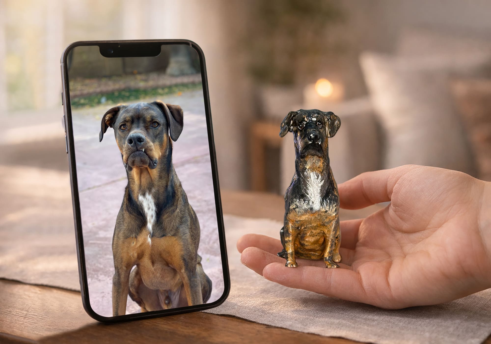 Custom pet urn preview showing a handmade dog figurine created from a real photo, with side-by-side comparison on a smartphone and the sculpted piece held in hand