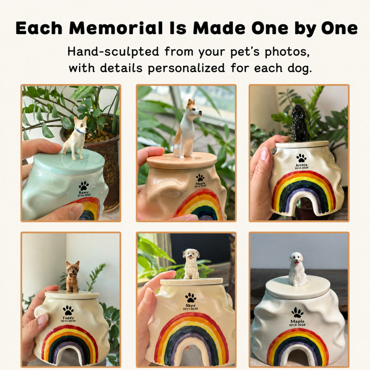 Custom handmade dog urn collection, rainbow bridge ceramic pet urn with hand‑sculpted dog figurine on lid
