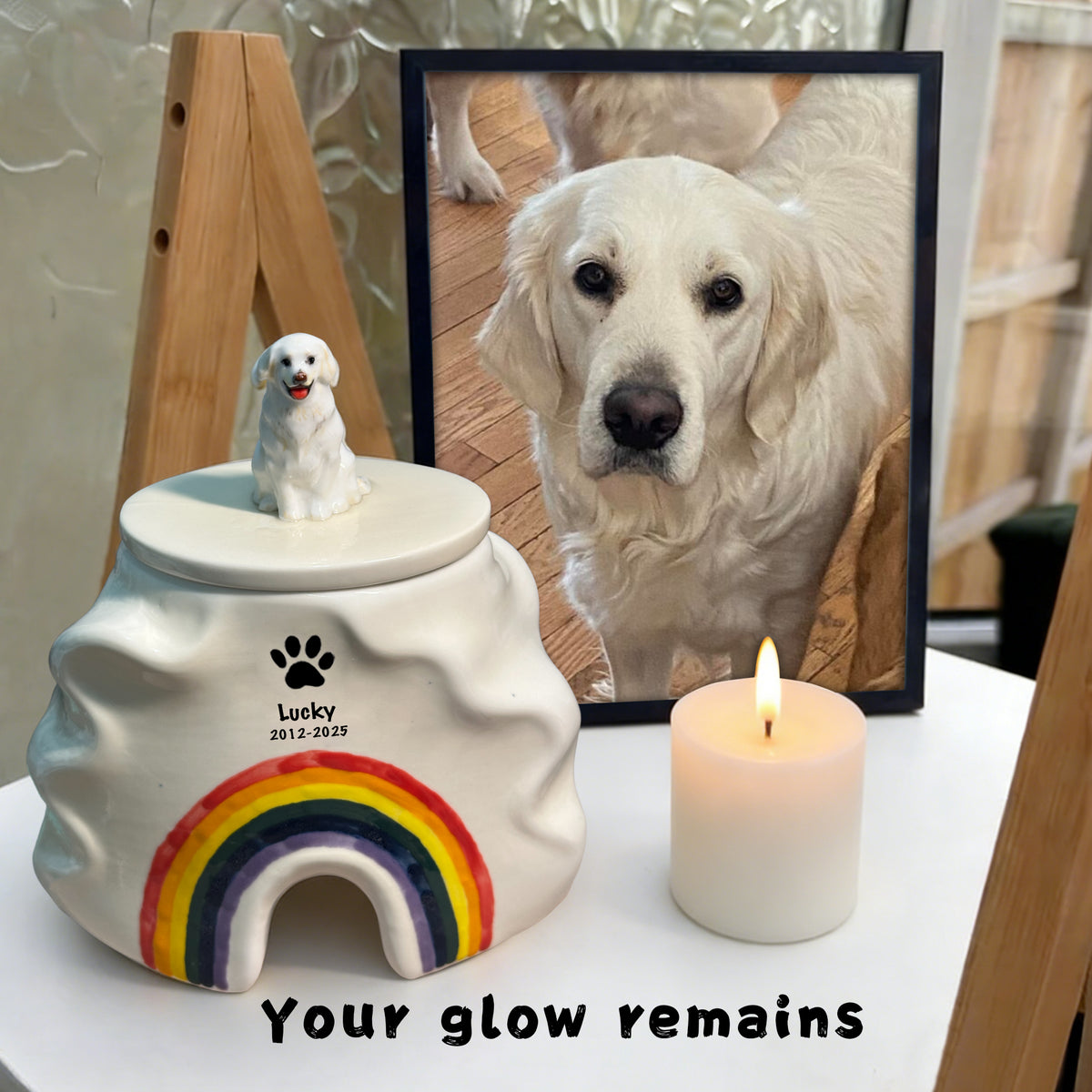 Custom rainbow dog urn with dog figurine on lid, pet memorial urn with candle and dog photo