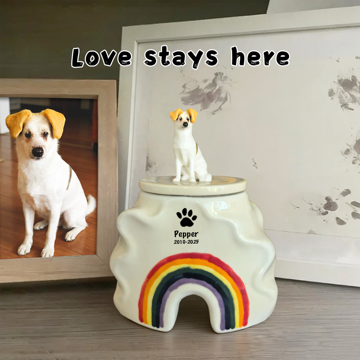 Custom rainbow bridge dog urn with personalized dog figurine, pet memorial photo frame
