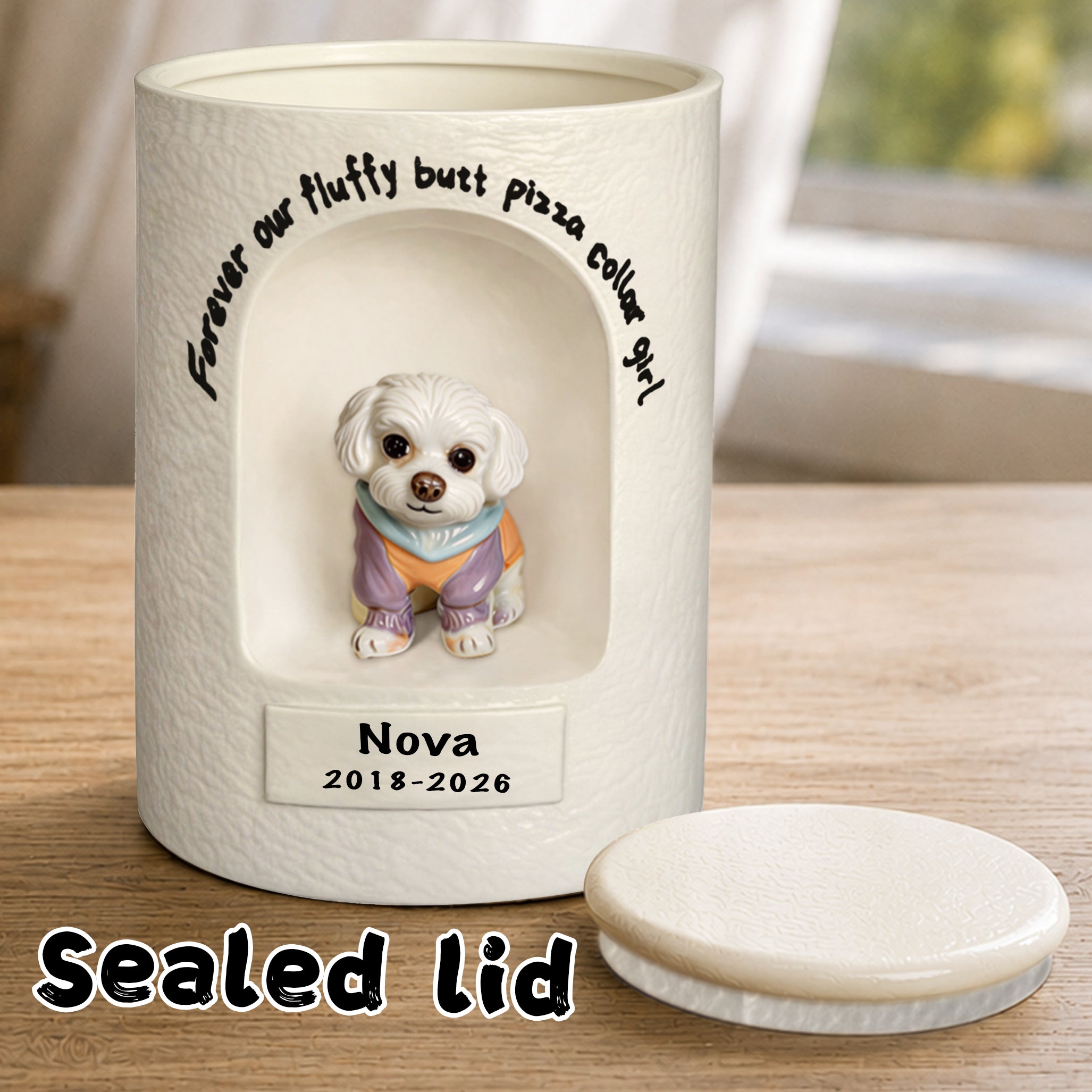 White ceramic dog memorial urn with sealed lid beside it and front portrait with name/date