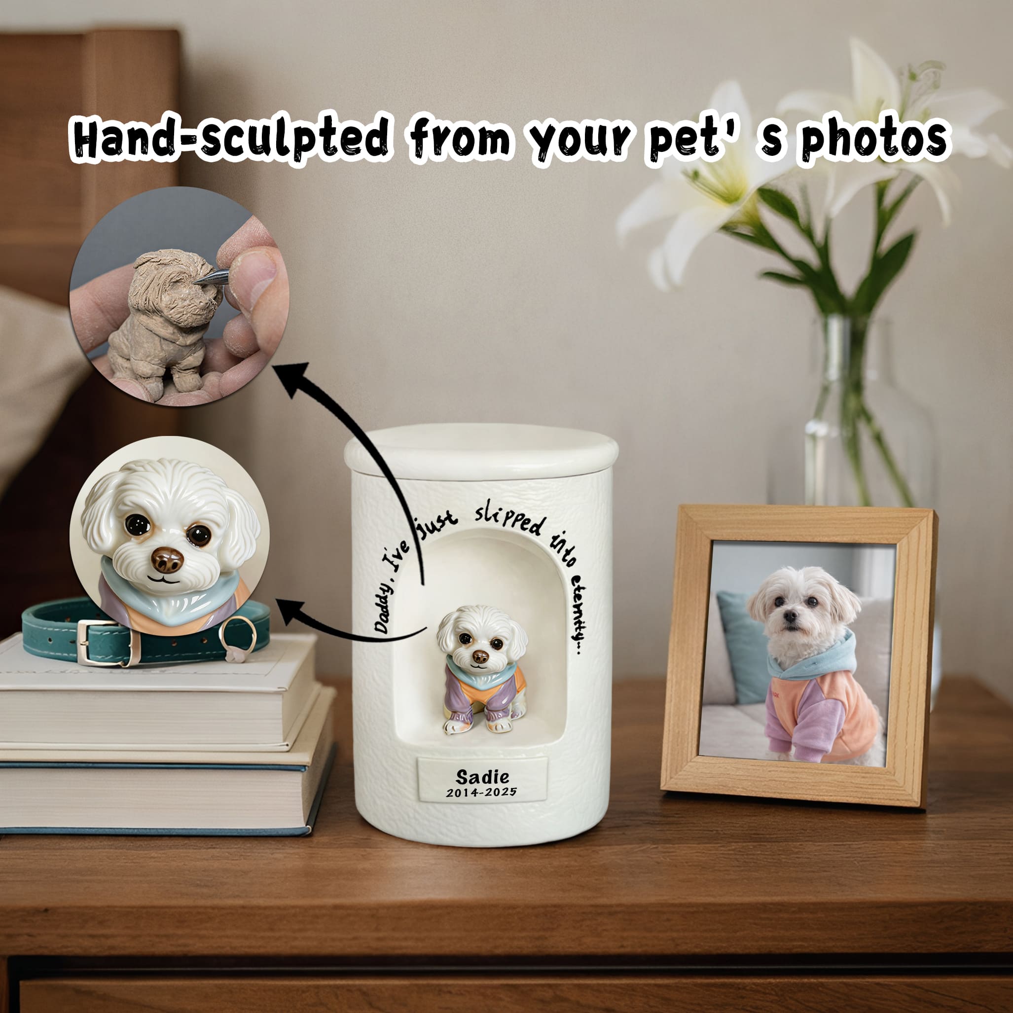 White ceramic dog urn with dog figurine relief and engraved name, angled front view