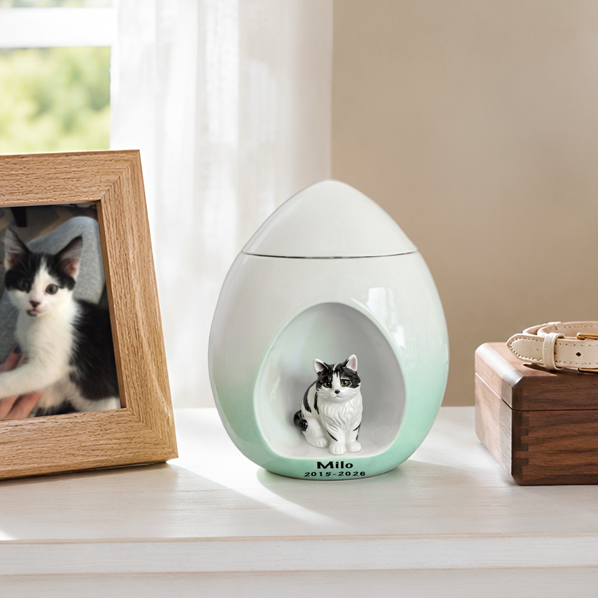Personalized cat urn for ashes from photo displayed in a peaceful window memorial corner with framed cat photo, wooden keepsake box and collar