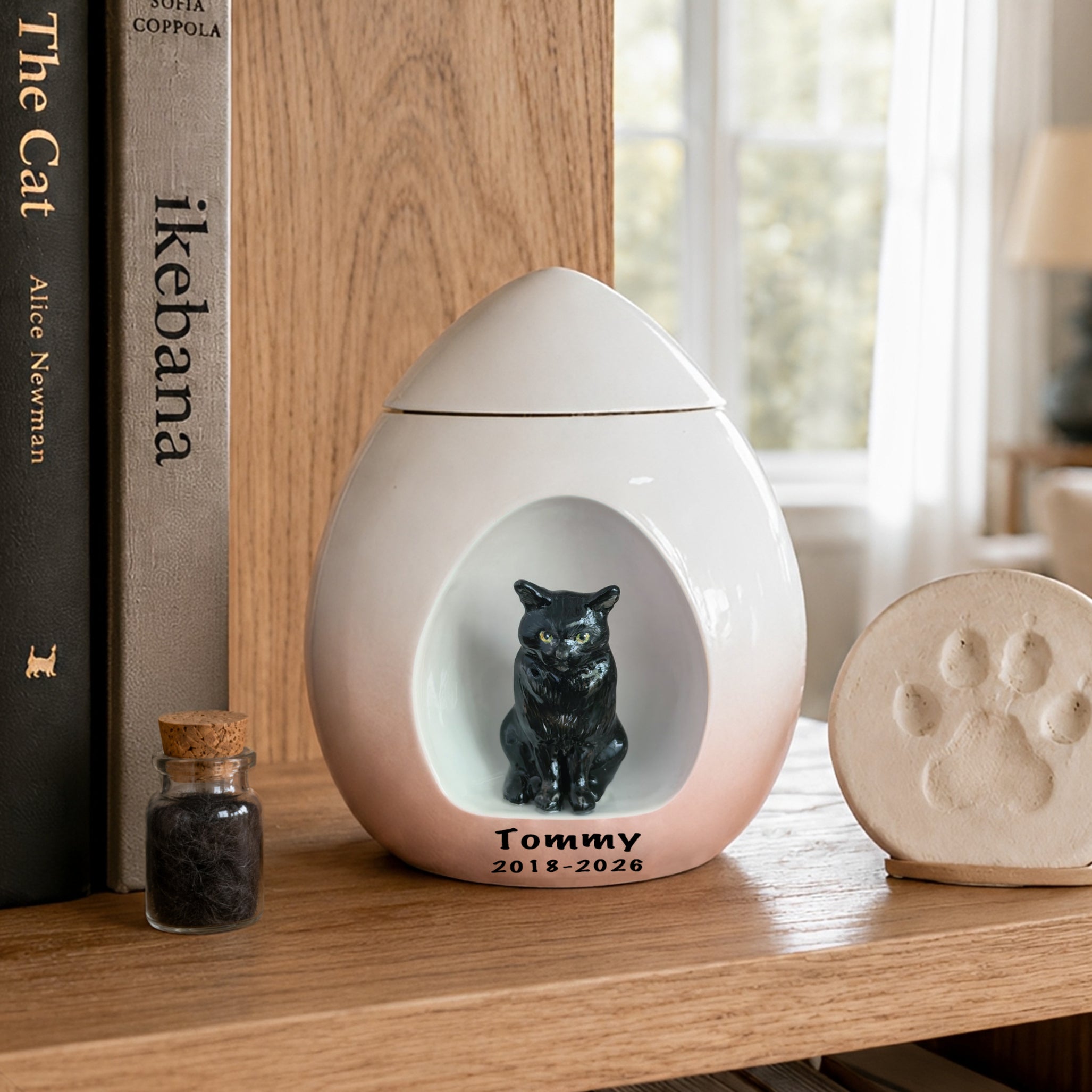 Personalized cat urn for ashes with sculpted black cat figurine, name and dates displayed on a bookshelf with a fur keepsake jar