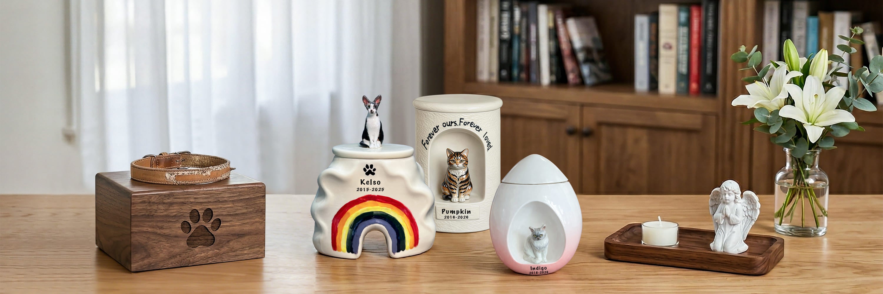 Personalized cat urns collection with handmade ceramic designs, including rainbow bridge, figurine, and modern styles displayed on a wooden table in a warm home setting