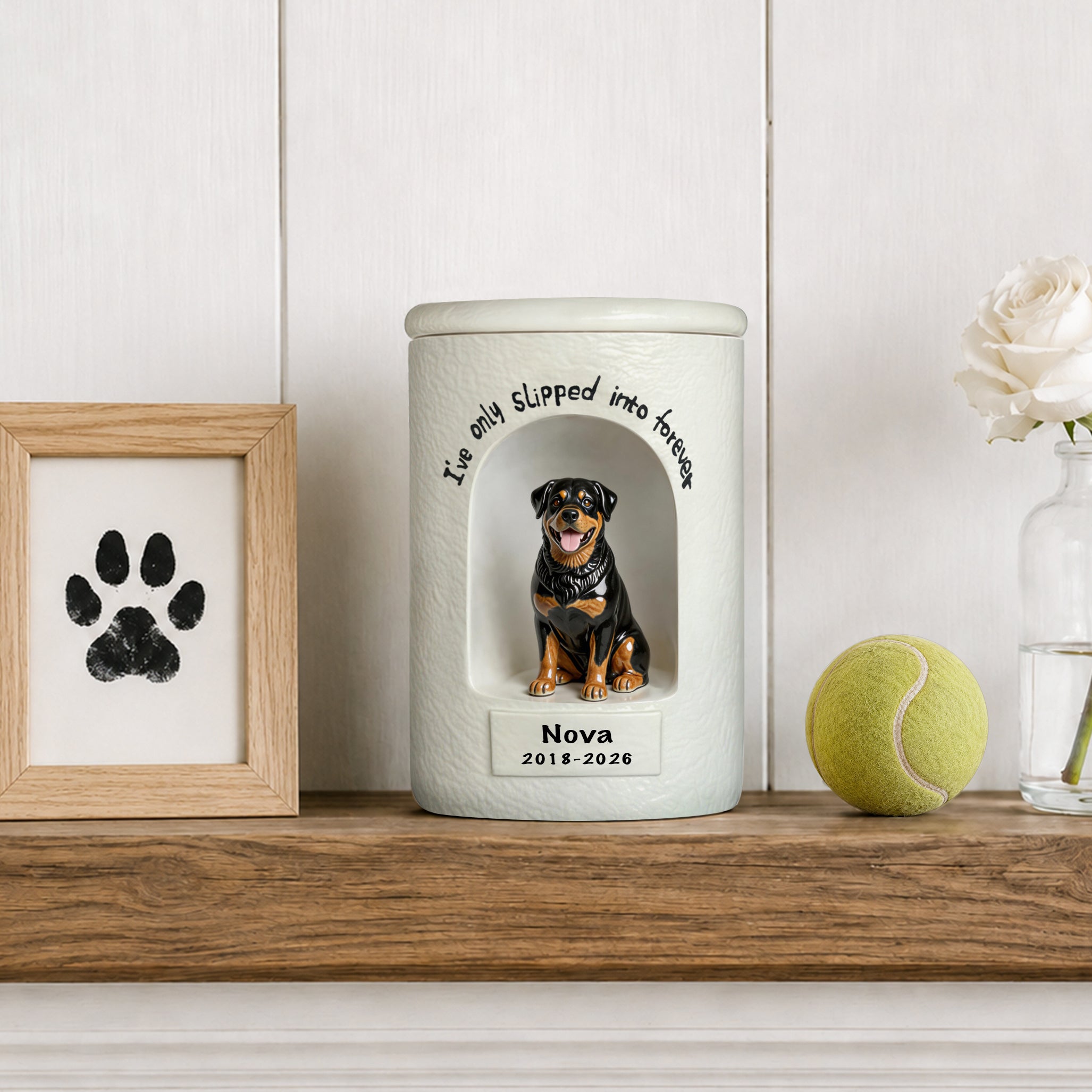 White ceramic pet urn with rounded lid, dog photo, name Nova and dates 2018–2026