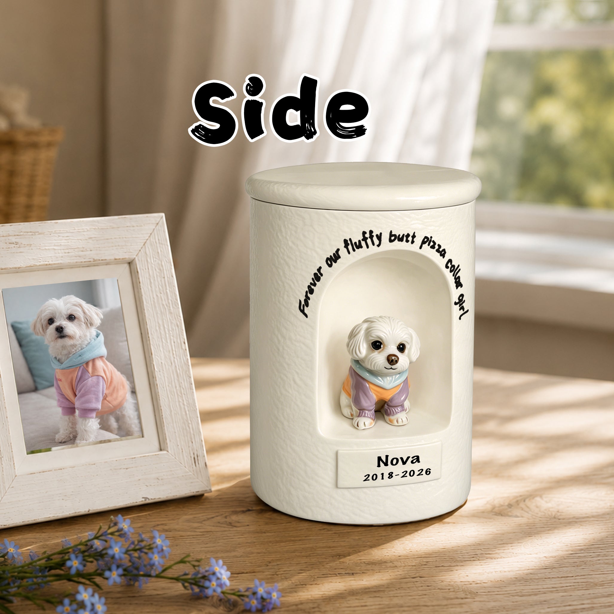 White ceramic dog memorial urn, side view with seated dog figurine and engraved name/date