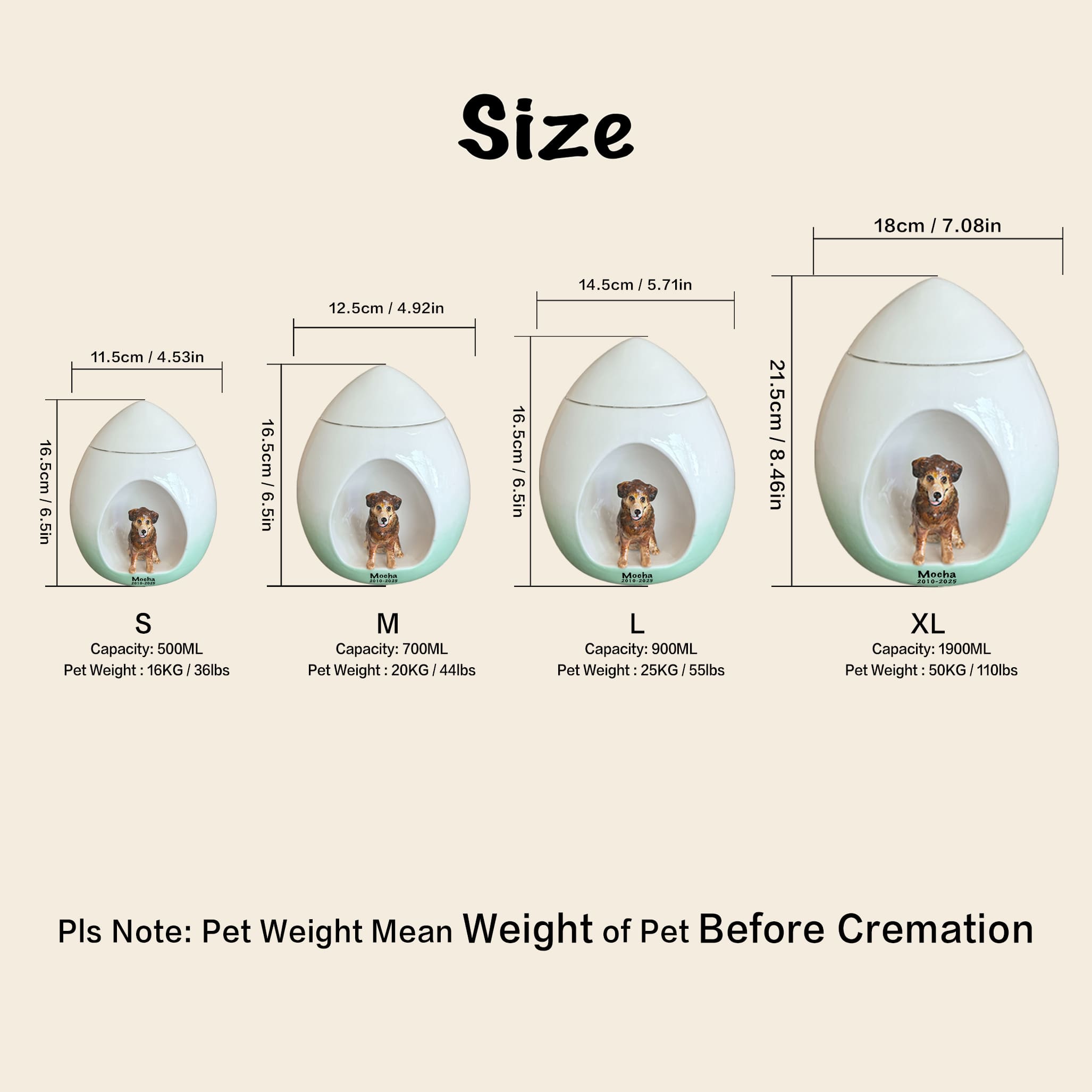 Personalized teardrop dog urns size chart showing S M L XL capacities and pet weight ranges to help choose the right urn size based on pre cremation weight