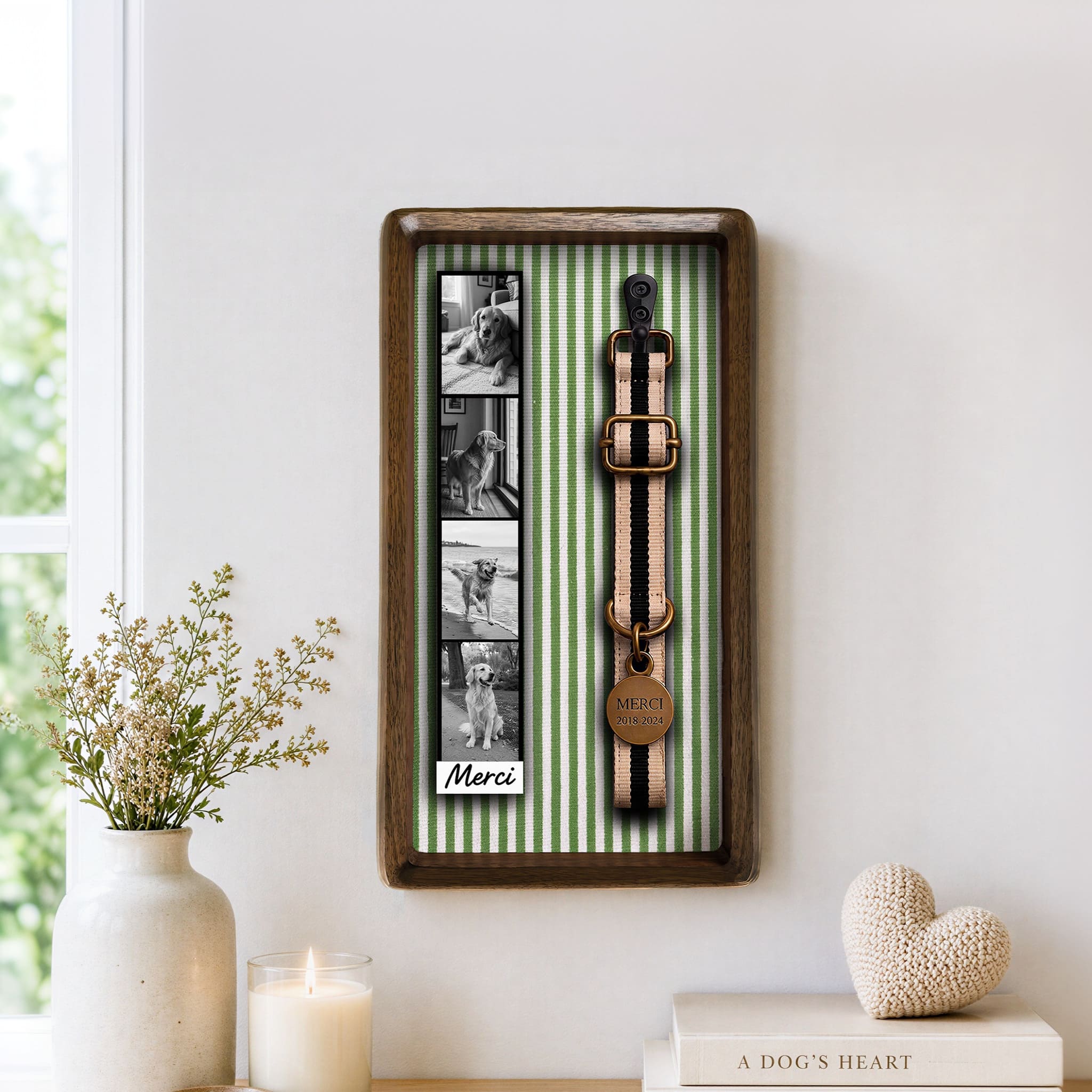Close-up wall display of a pet memorial shadow box frame for a pet photo strip and keepsake collar
