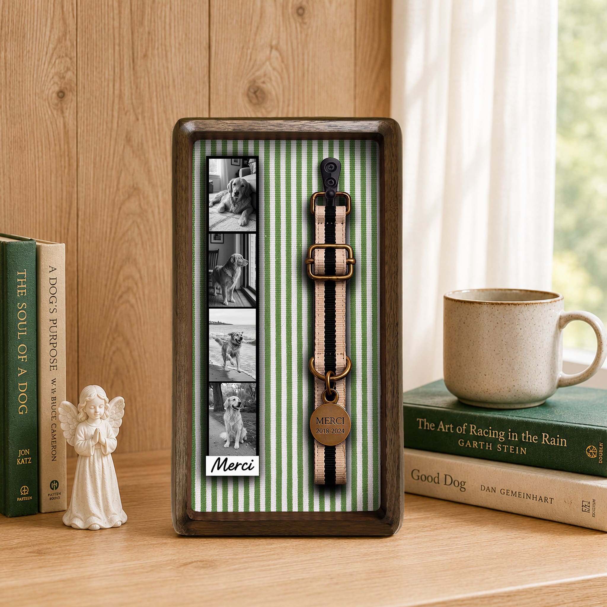 Dog collar memorial frame with green striped photo strip and brown collar keepsake strap