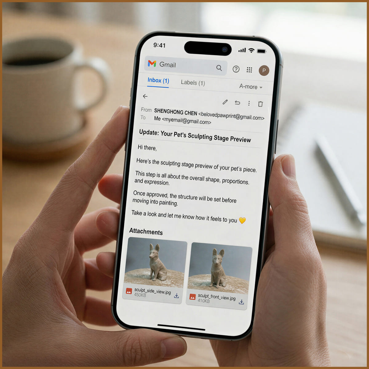 phone screen showing sculpting preview email for custom pet urn with review and feedback step