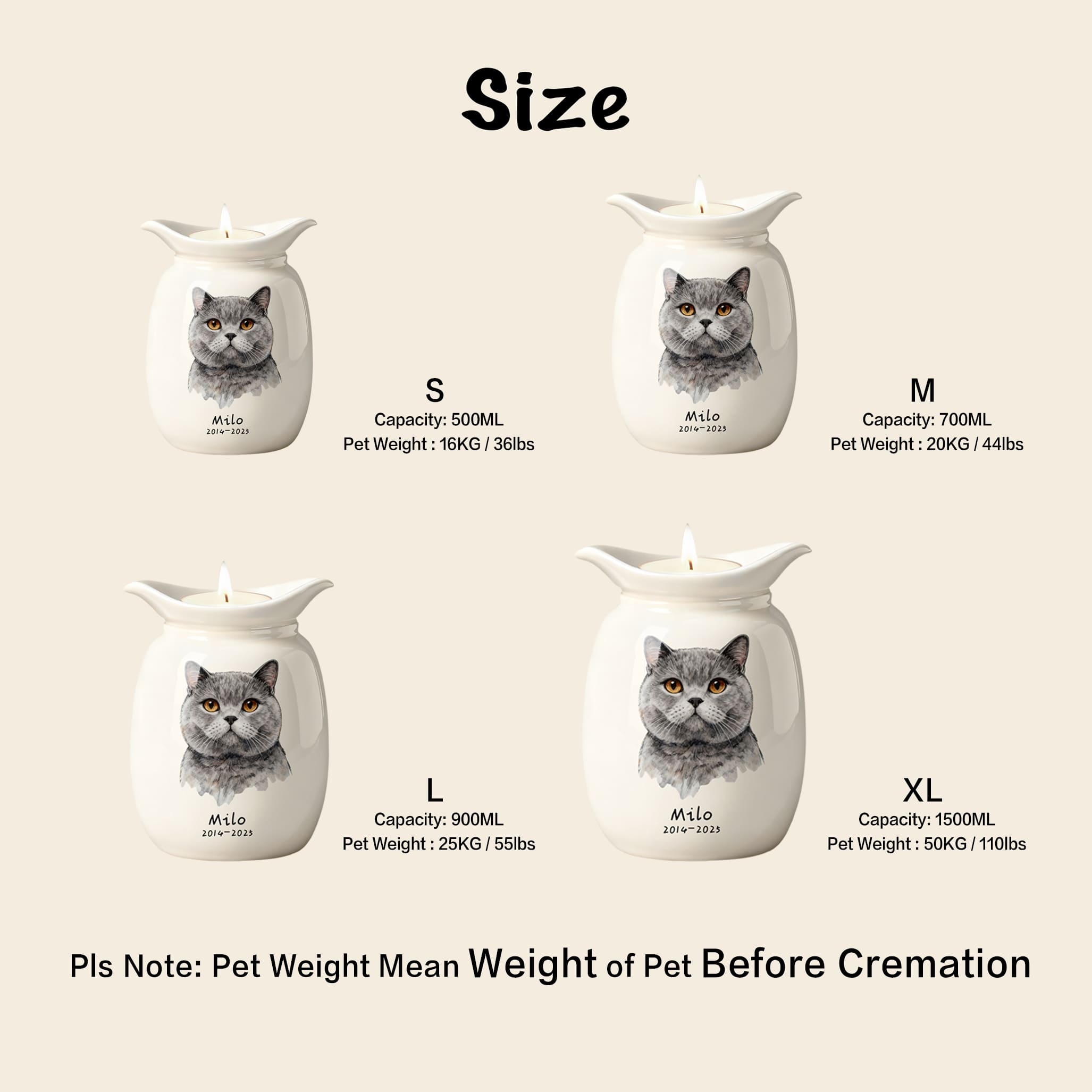 White pet urn for ashes with candle holder, cat portrait; sizes S–XL shown