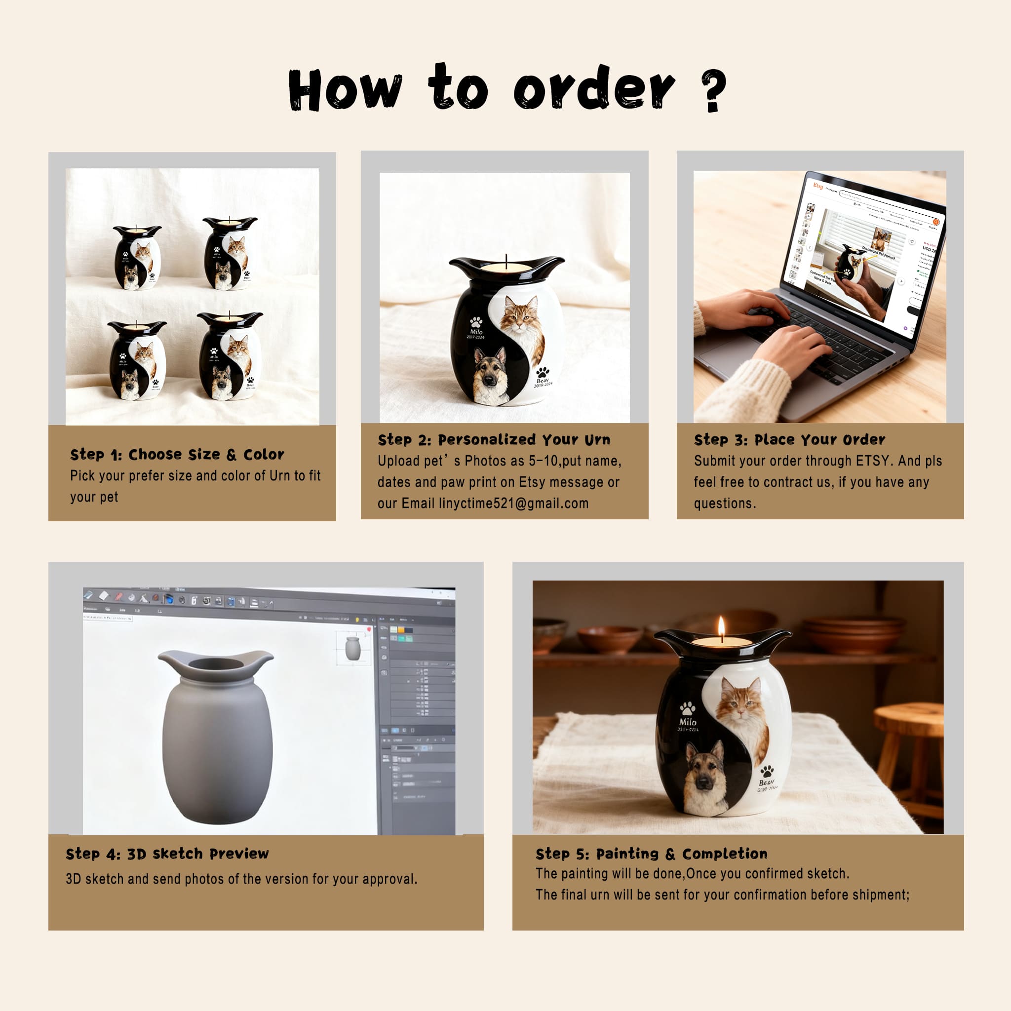 Collage showing custom double pet urn ordering steps and painted urn example with pet portraits