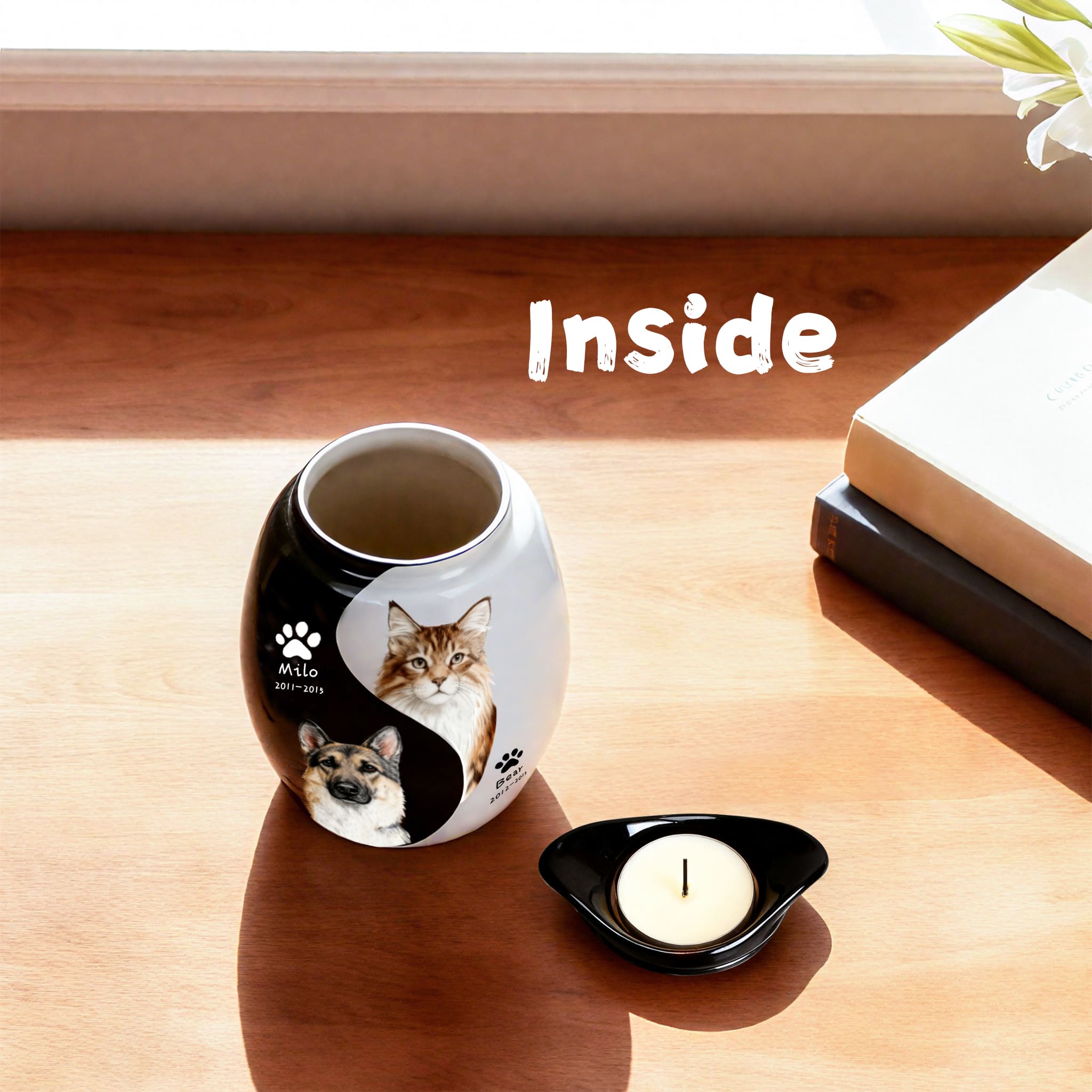 Side view of double pet urn with two pet portraits and visible opening with candle