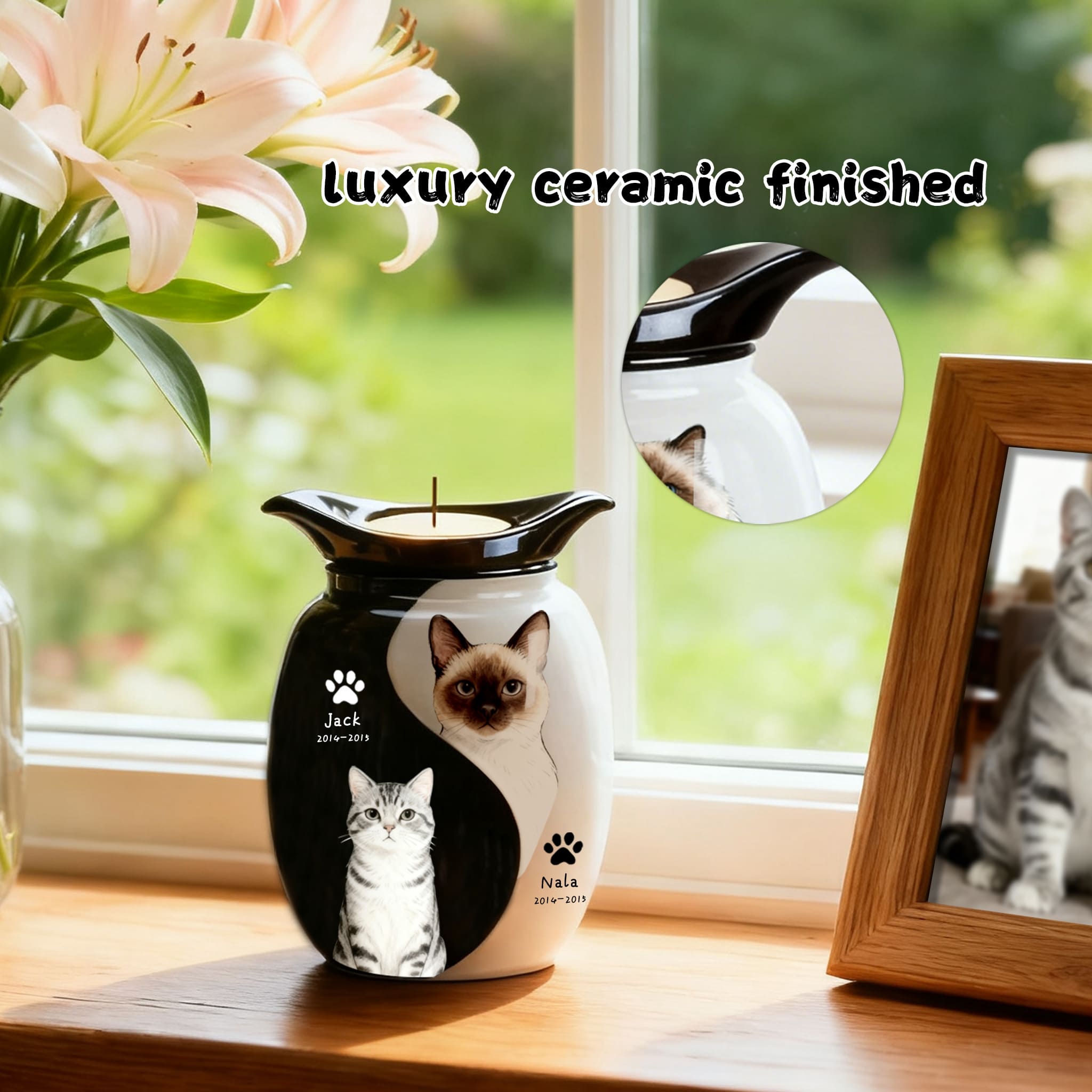 Double pet urn featuring cat and dog figurine portraits, with lit candle top