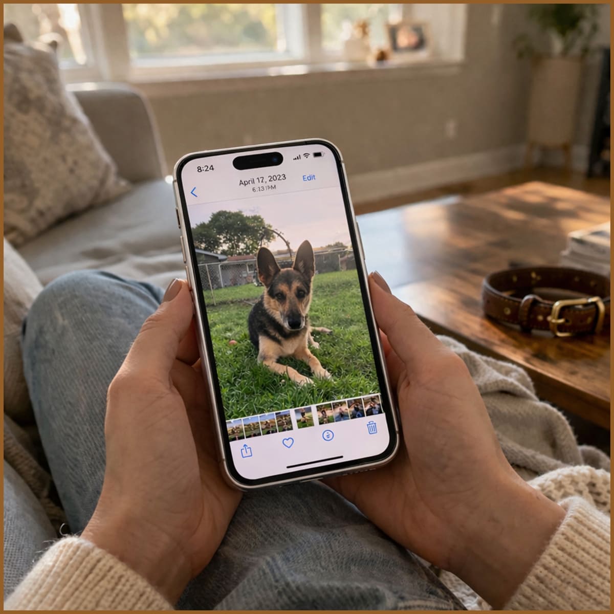 person holding phone showing dog photo used as reference for custom pet urn