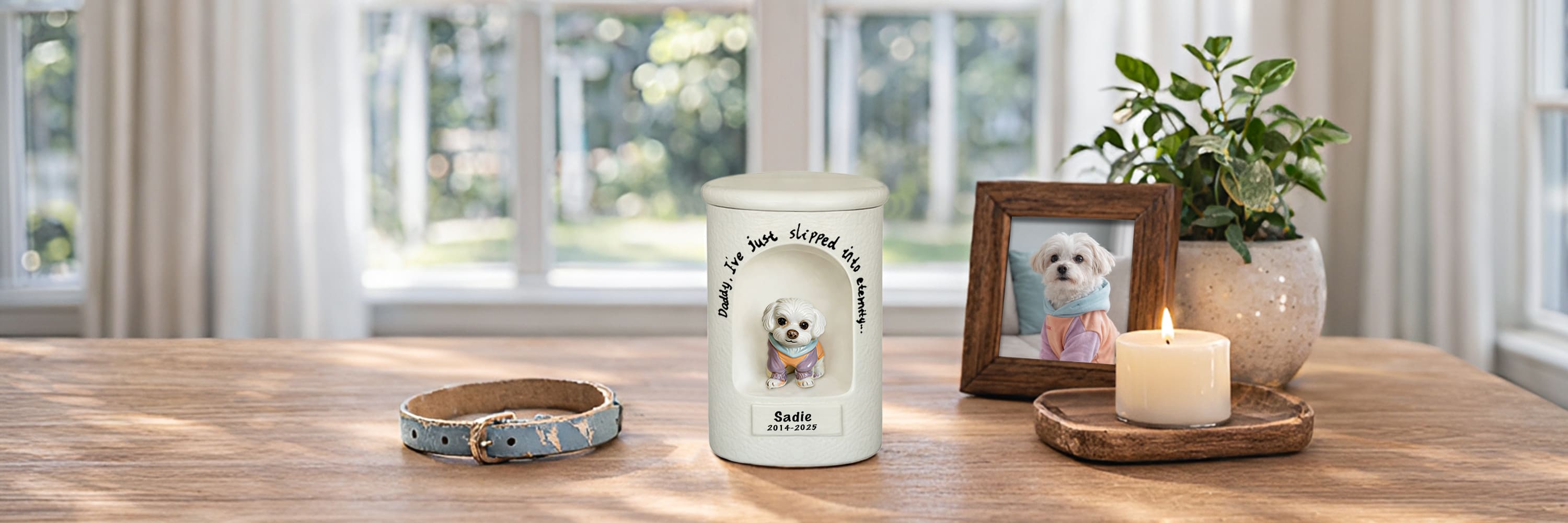 Ceramic pet memorial urn suitable for a 55 lb dog, designed with balanced form and personalized details for everyday display